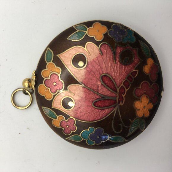 Cloisonne Butterfly Pendant Necklace Black Pink Enamel Puff Double Sided Flowers - Picture 10 of 14